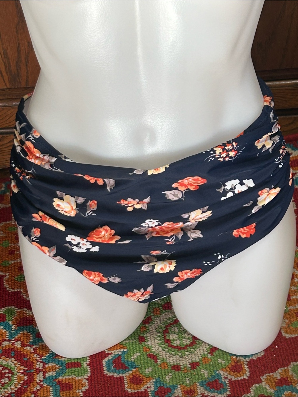 Cupshe Navy Floral Bikini Bottoms with Coral and Cream Flowers